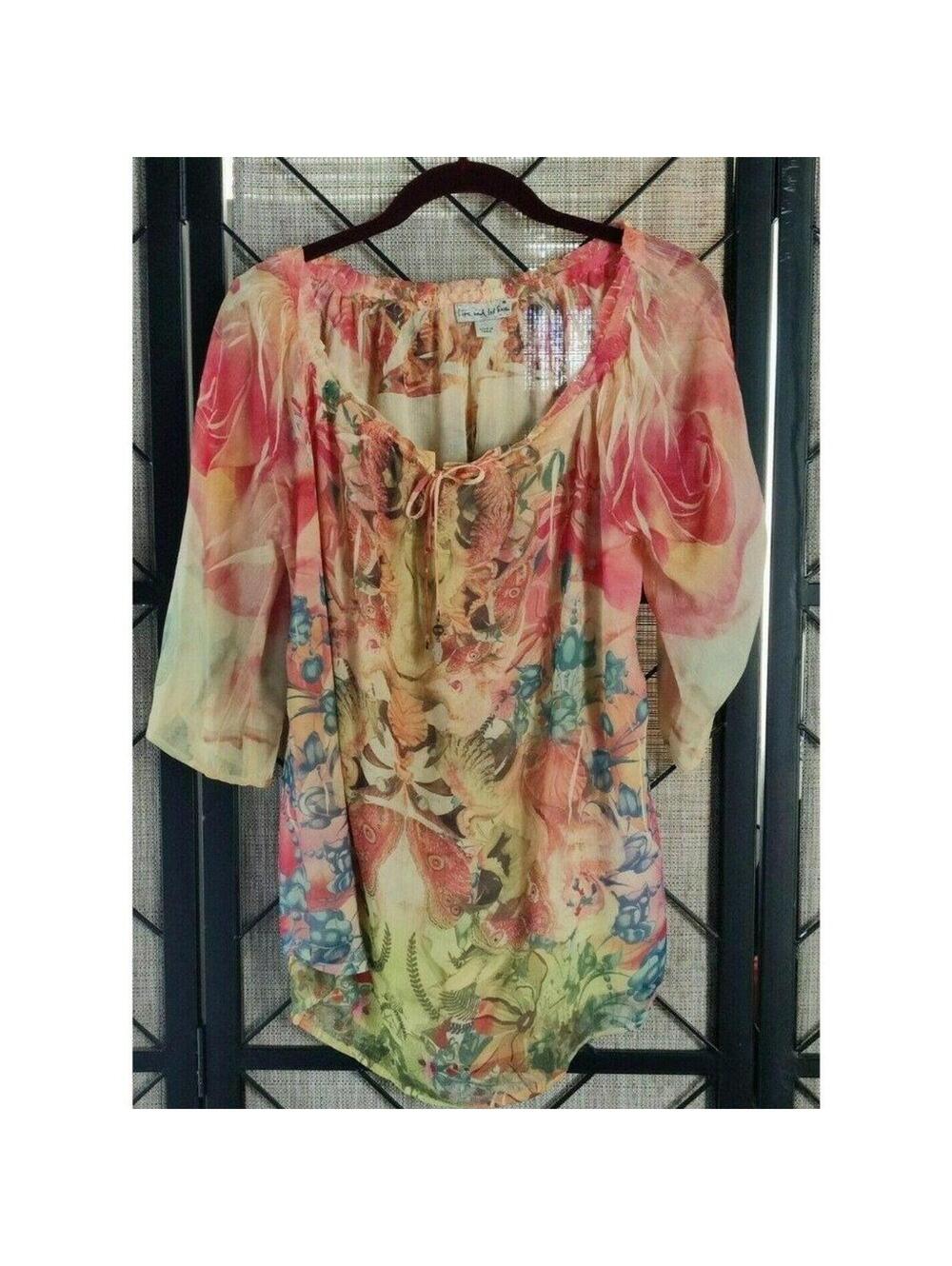 Live and Let Live Women Short Sleeve Blouse Top Orange & Yellow Floral Sz M